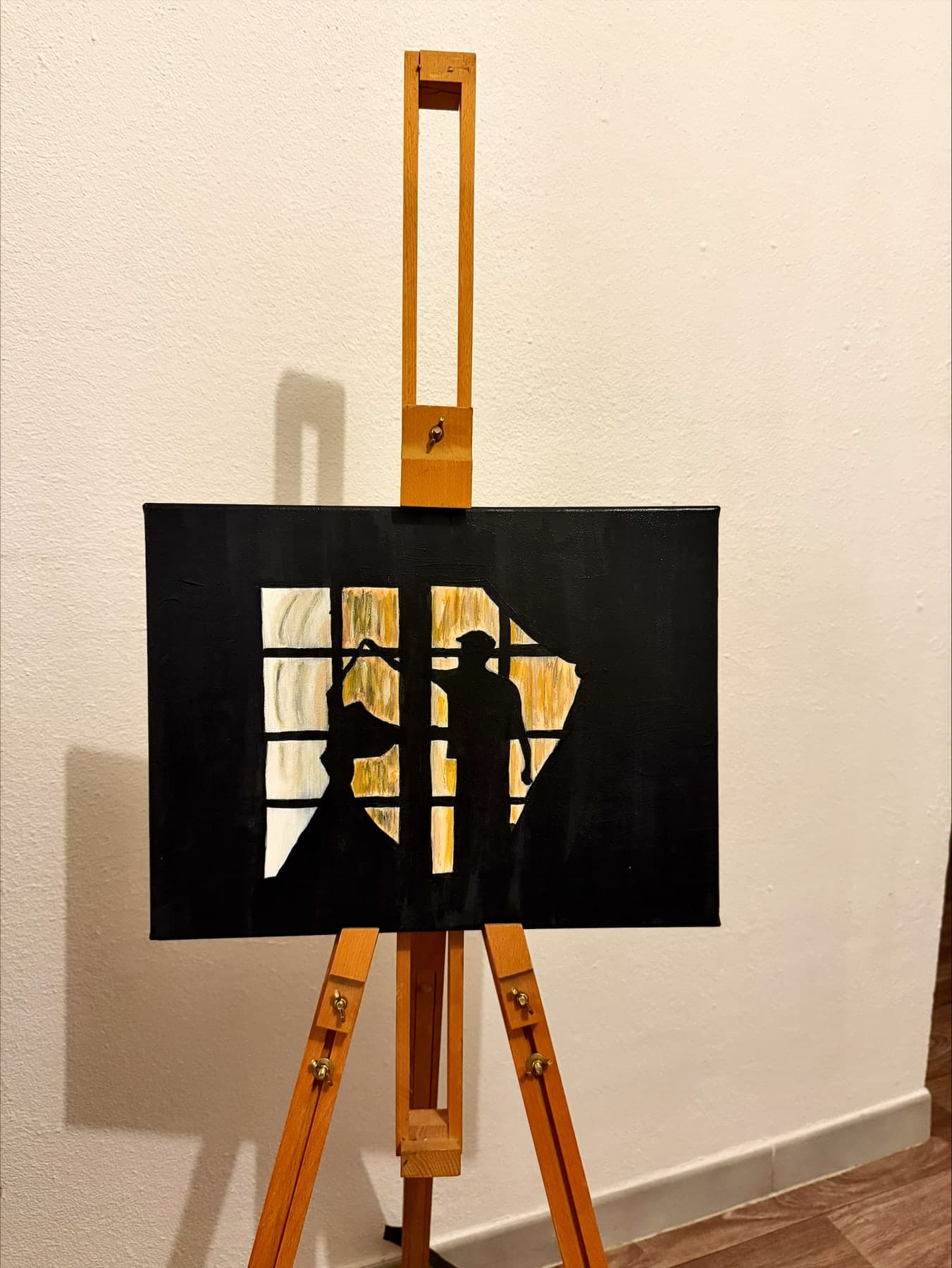 Which painting above the sofa: format, height, orientation, the method in four measurements